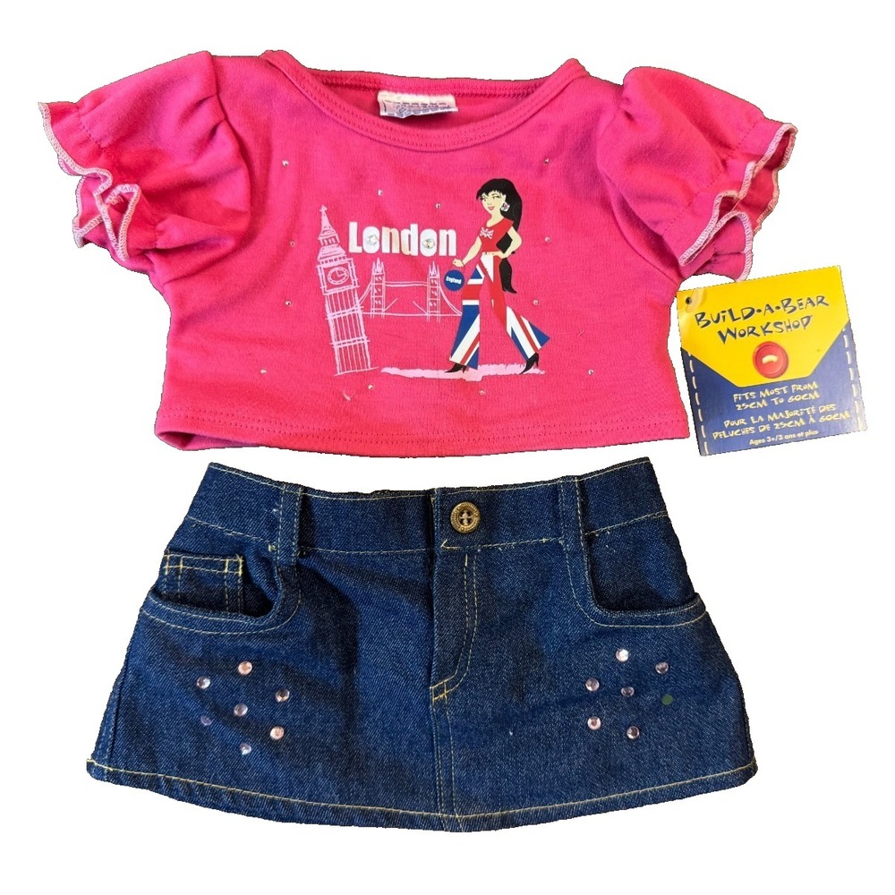 Build A Bear BABW Outfit Clothes London Shirt Denim Skirt Jewels Pink Lot Plush